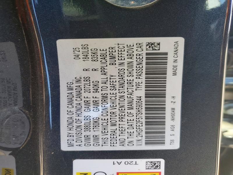 Aukcja sprzedaży 2025 Honda Civic, vin: 2HGFE2F57SH590644, numer aukcji: 63160796