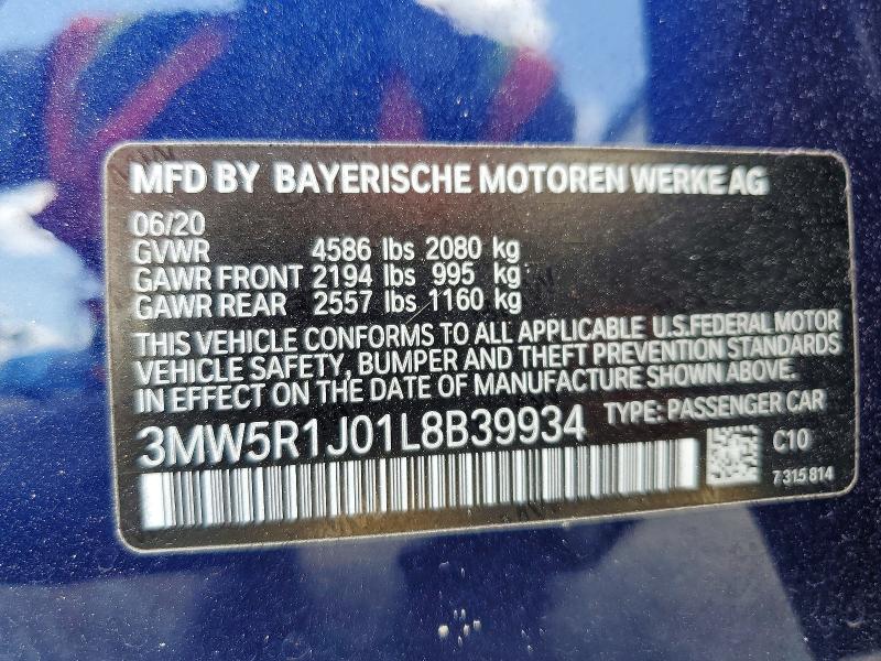 Продаж на аукціоні авто 2020 Bmw 330i, vin: 3MW5R1J01L8B39934, номер лоту: 62010156