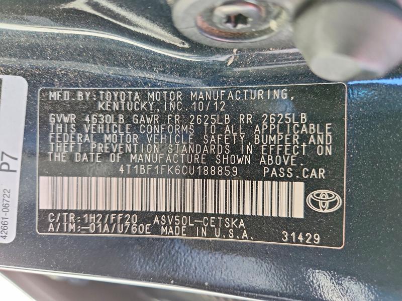 60092096 :رقم المزاد ، 4T1BF1FK6CU188859 vin ، 2012 Toyota Camry مزاد بيع