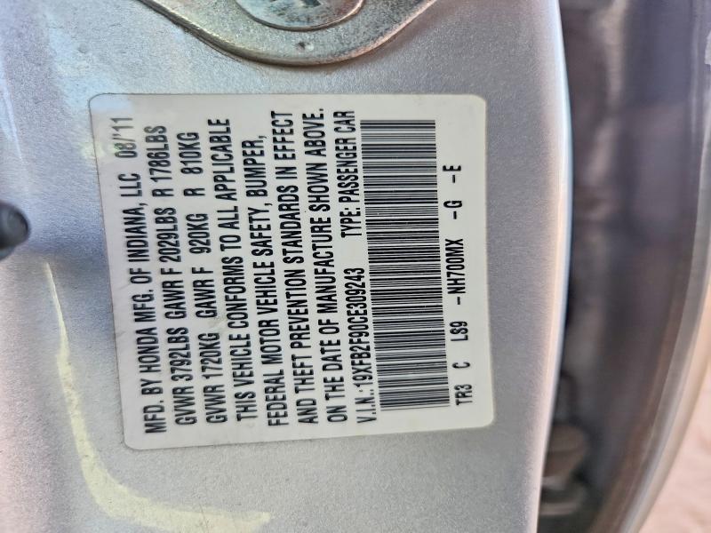 60092226 :رقم المزاد ، 19XFB2F90CE309243 vin ، 2012 Hond Civic مزاد بيع