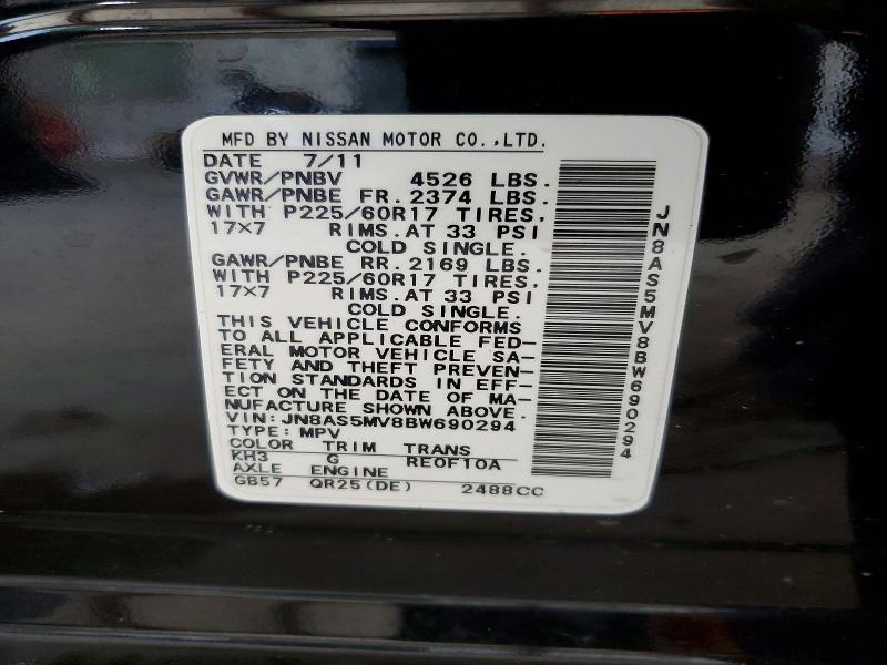61021096 :رقم المزاد ، JN8AS5MV8BW690294 vin ، 2011 Nissan Rogue مزاد بيع