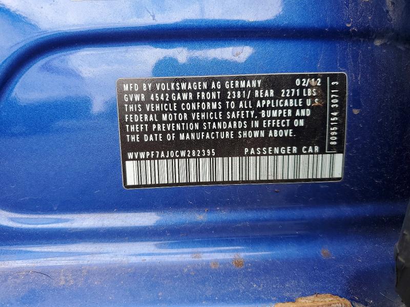 2012 Volkswagen Golf მანქანა იყიდება აუქციონზე, vin: WVWPF7AJ0CW282395, აუქციონის ნომერი: 62488026