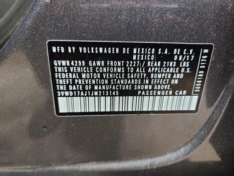 2018 Volkswagen Jetta მანქანა იყიდება აუქციონზე, vin: 3VWD17AJ1JM213145, აუქციონის ნომერი: 60838276