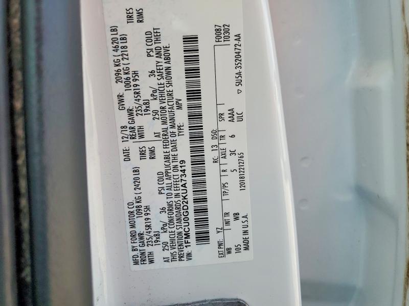 60398836 :رقم المزاد ، 1FMCU0GD2KUA73419 vin ، 2019 Ford Escape مزاد بيع