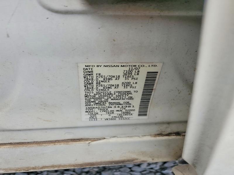 Продаж на аукціоні авто 2008 Nissan Titan, vin: 1N6BA07D78N343981, номер лоту: 59635296
