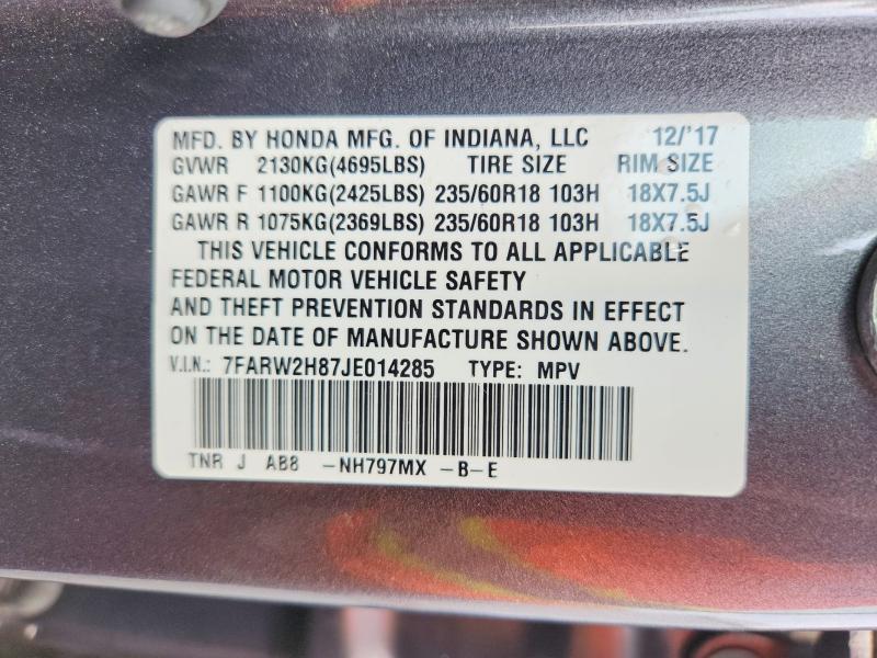2018 Honda Cr-v მანქანა იყიდება აუქციონზე, vin: 7FARW2H87JE014285, აუქციონის ნომერი: 62962216