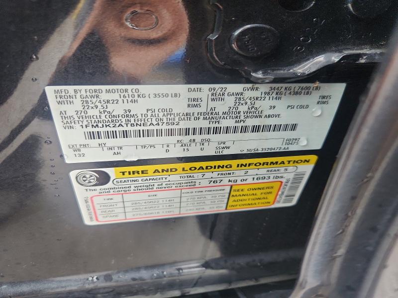 2022 Ford Expedition მანქანა იყიდება აუქციონზე, vin: 1FMJK2AT8NEA47592, აუქციონის ნომერი: 62976006