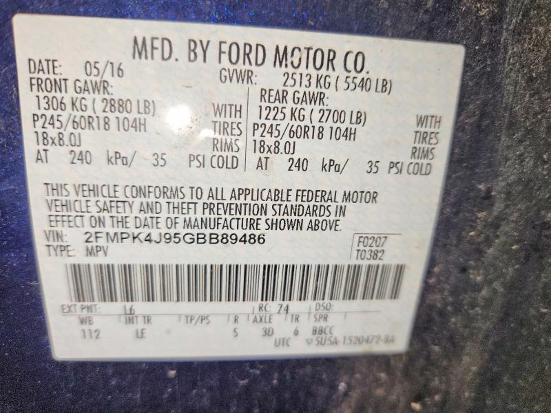 60875966 :رقم المزاد ، 2FMPK4J95GBB89486 vin ، 2016 Ford Edge مزاد بيع