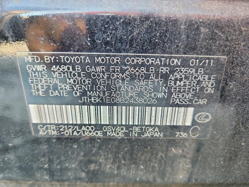 59989296 :رقم المزاد ، JTHBK1EG8B2438026 vin ، 2011 Lexus Es مزاد بيع