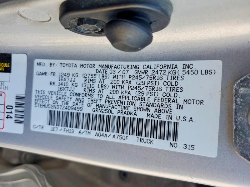 63371926 :رقم المزاد ، 5TEMU52N37Z409499 vin ، 2007 Toyota Tacoma مزاد بيع
