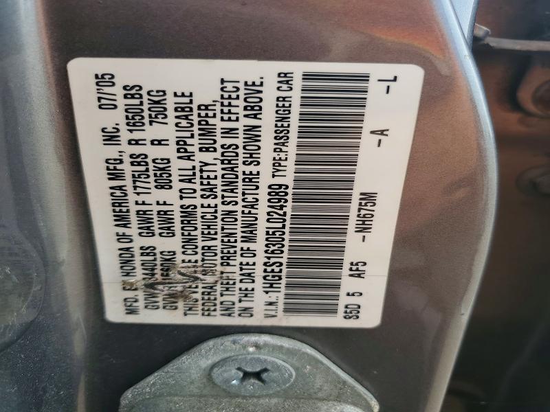 60364686 :رقم المزاد ، 1HGES16305L024989 vin ، 2005 Honda Civic مزاد بيع