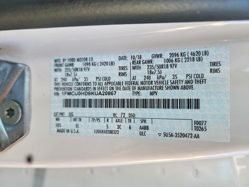 2019 Ford Escape მანქანა იყიდება აუქციონზე, vin: 1FMCU0HD8KUA20867, აუქციონის ნომერი: 59683816