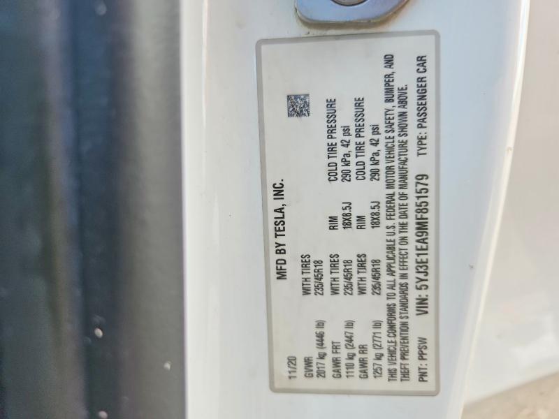 60301666 :رقم المزاد ، 5YJ3E1EA9MF851579 vin ، 2021 Tesla Model 3 مزاد بيع
