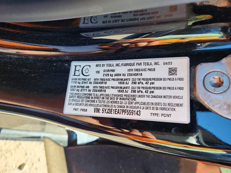 60108036 :رقم المزاد ، 5YJ3E1EA7PF559143 vin ، 2023 Tesla Model 3 مزاد بيع