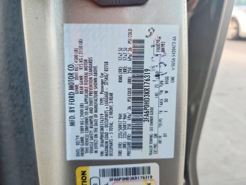 59699626 :رقم المزاد ، 3FA6P0HD3KR176319 vin ، 2019 Ford Fusion مزاد بيع
