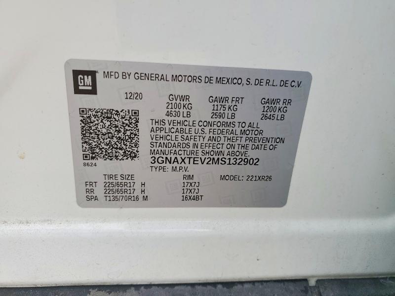 2021 Chevrolet Equinox მანქანა იყიდება აუქციონზე, vin: 3GNAXTEV2MS132902, აუქციონის ნომერი: 61563596
