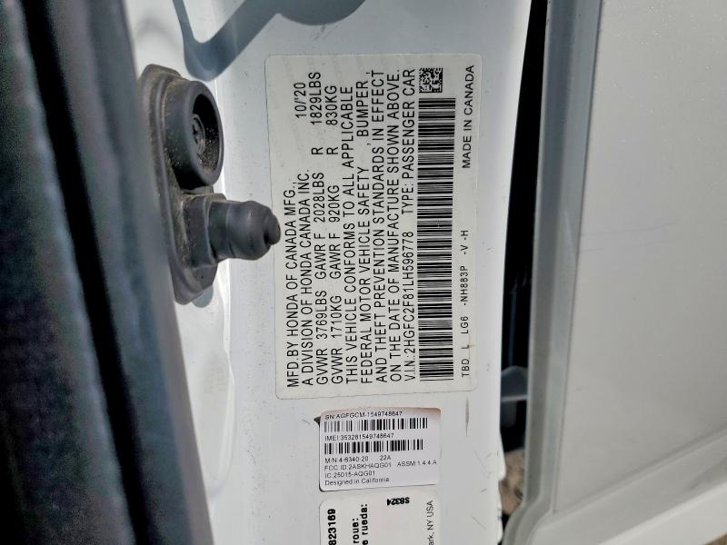 Aukcja sprzedaży 2020 Honda Civic, vin: 2HGFC2F81LH596778, numer aukcji: 61208236