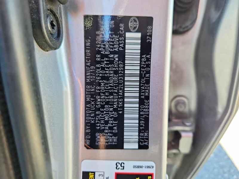 2020 Toyota Camry მანქანა იყიდება აუქციონზე, vin: 4T1K61AK2LU312987, აუქციონის ნომერი: 60397866