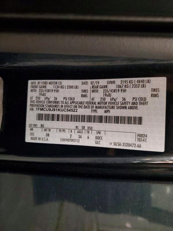 Продажа на аукционе авто 2019 Ford Escape, vin: 1FMCU9J91KUC54522, номер лота: 59980016