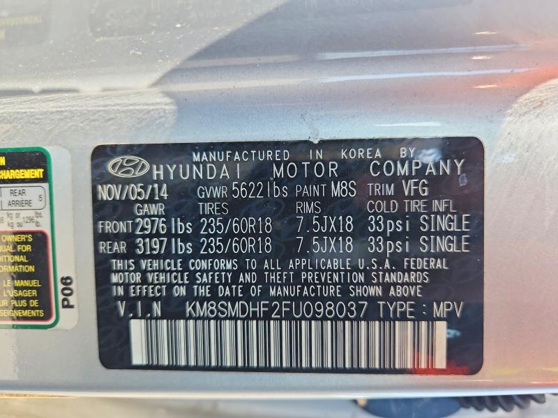 Aukcja sprzedaży 2015 Hyundai Santa Fe, vin: KM8SMDHF2FU098037, numer aukcji: 61495286