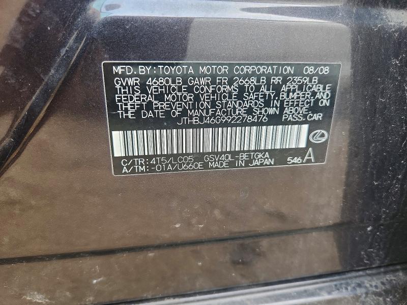 Aukcja sprzedaży 2009 Lexus Es, vin: JTHBJ46G992278476, numer aukcji: 61068806