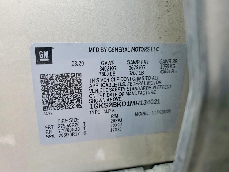 60164576 :رقم المزاد ، 1GKS2BKD1MR134021 vin ، 2021 Gmc Yukon مزاد بيع