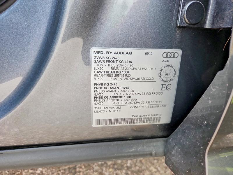 2020 Audi Q5 მანქანა იყიდება აუქციონზე, vin: WA1ENAFY8L2019618, აუქციონის ნომერი: 62039916