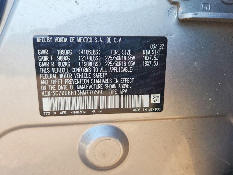 Продаж на аукціоні авто 2022 Honda Hr-v, vin: 3CZRU6H13NM770560, номер лоту: 62776306