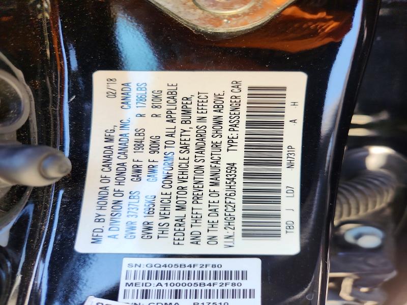 Продажа на аукционе авто 2018 Honda Civic, vin: 2HGFC2F76JH543594, номер лота: 61220046