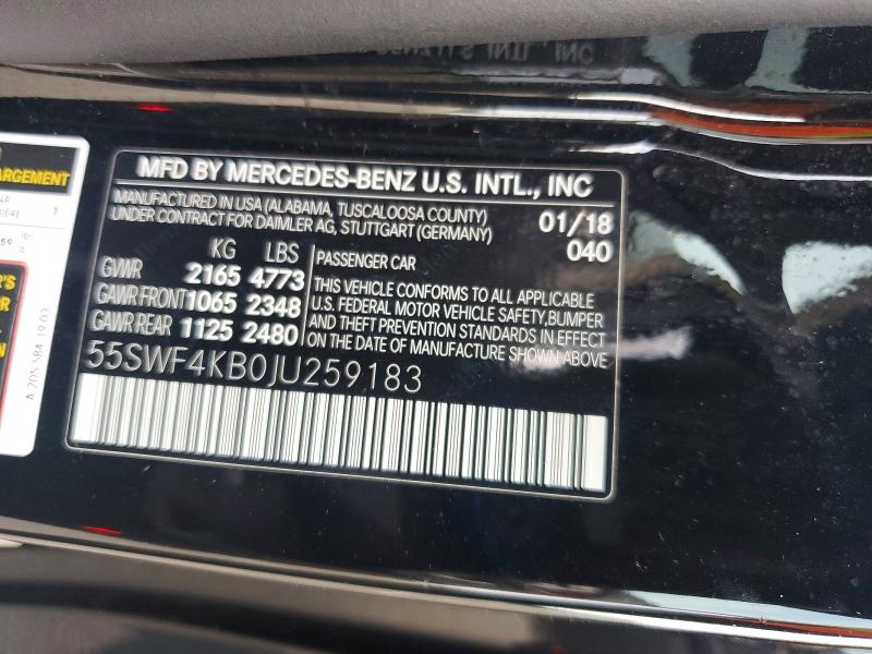 62008986 :رقم المزاد ، 55SWF4KB0JU259183 vin ، 2018 Mercedes-benz C مزاد بيع