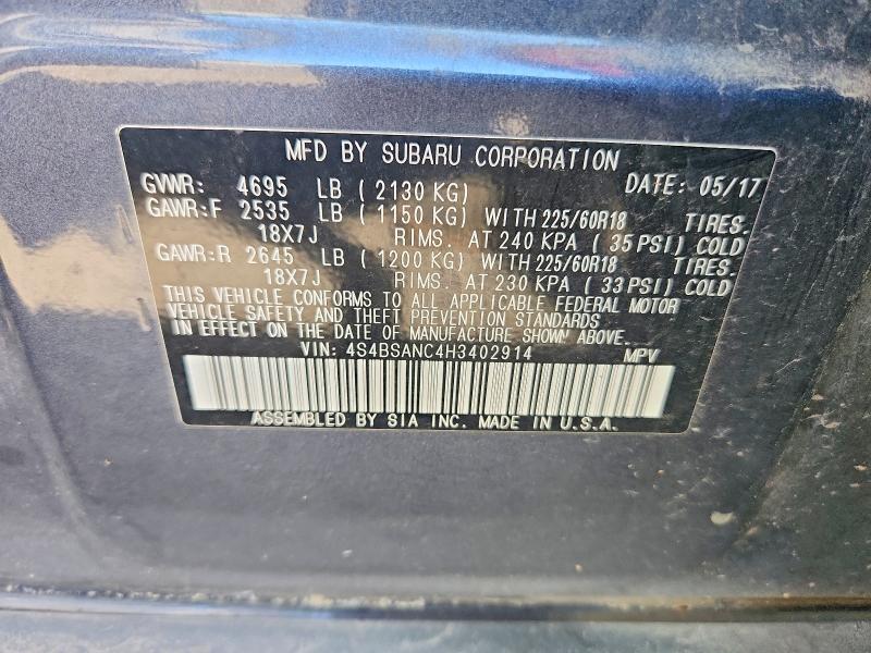 2017 Subaru Outback მანქანა იყიდება აუქციონზე, vin: 4S4BSANC4H3402914, აუქციონის ნომერი: 60604176