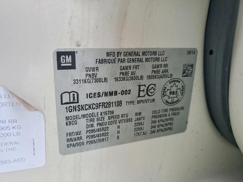 2015 Chevrolet Tahoe მანქანა იყიდება აუქციონზე, vin: 1GNSKCKC9FR281108, აუქციონის ნომერი: 59915566