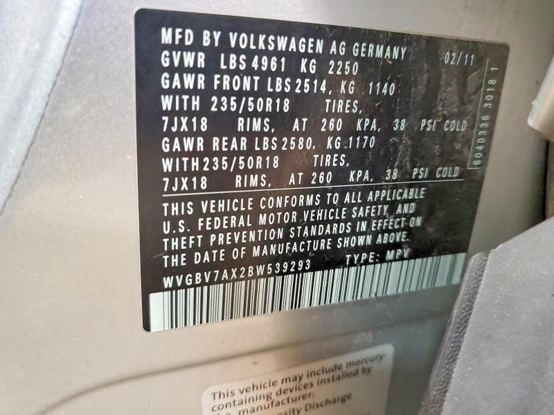 62791866 :رقم المزاد ، WVGBV7AX2BW539293 vin ، 2011 Volkswagen Tiguan مزاد بيع