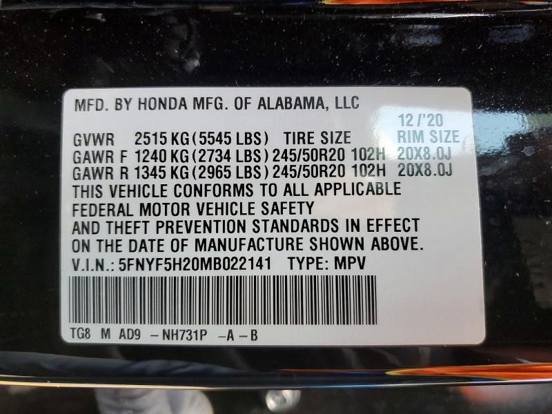 Aukcja sprzedaży 2021 Honda Pilot, vin: 5FNYF5H20MB022141, numer aukcji: 62766736