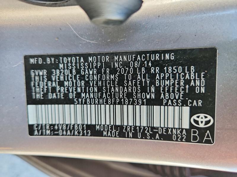 Aukcja sprzedaży 2015 Toyota Corolla, vin: 5YFBURHE8FP187391, numer aukcji: 62717986