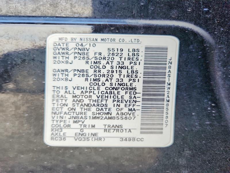 60487096 :رقم المزاد ، JN8AS1MW2AM855607 vin ، 2010 Infiniti Fx35 مزاد بيع
