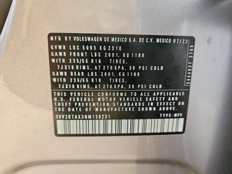 2022 Volkswagen Tiguan მანქანა იყიდება აუქციონზე, vin: 3VV2B7AX3NM139231, აუქციონის ნომერი: 63106286