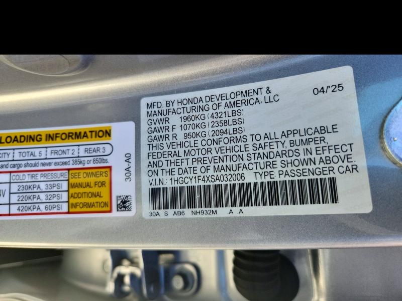 2025 Honda Accord მანქანა იყიდება აუქციონზე, vin: 1HGCY1F4XSA032006, აუქციონის ნომერი: 61321986