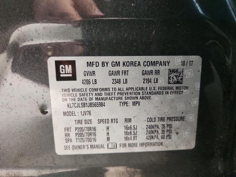 2018 Chevrolet Trax მანქანა იყიდება აუქციონზე, vin: KL7CJLSB1JB565984, აუქციონის ნომერი: 60668826
