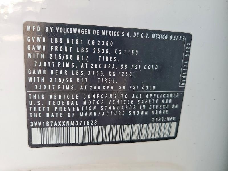 2022 Volkswagen Tiguan მანქანა იყიდება აუქციონზე, vin: 3VV1B7AXXNM071828, აუქციონის ნომერი: 60519296