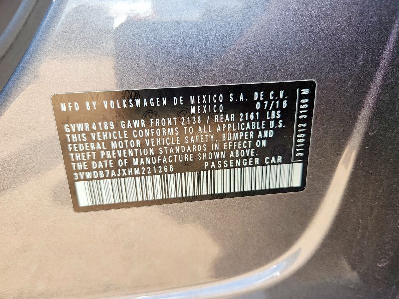 Продажа на аукционе авто 2017 Volkswagen Jetta, vin: 3VWDB7AJXHM221266, номер лота: 62232366