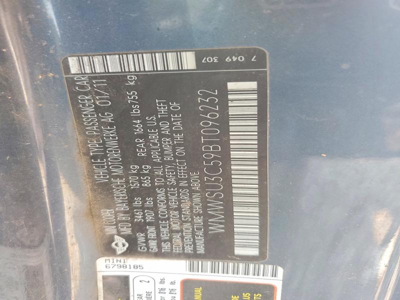 Продажа на аукционе авто 2011 Mini Cooper, vin: WMWSU3C59BT096232, номер лота: 62631516