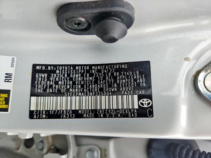 Продажа на аукционе авто 2022 Toyota Corolla, vin: 5YFEPMAE9NP325004, номер лота: 62335096