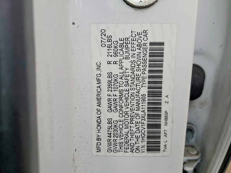 Продажа на аукционе авто 2020 Honda Accord, vin: 1HGCV1F3XLA111905, номер лота: 61672626