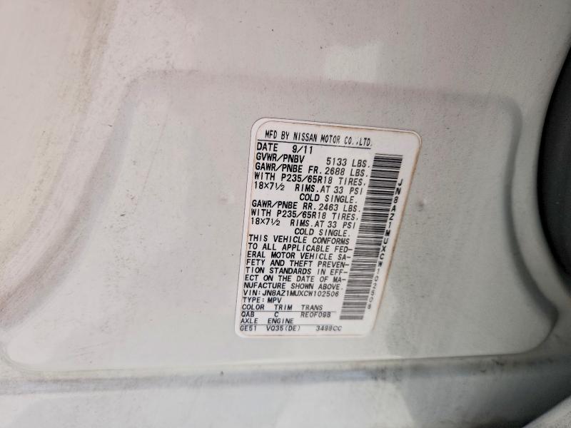61906386 :رقم المزاد ، JN8AZ1MUXCW102506 vin ، 2012 Nissan Murano مزاد بيع