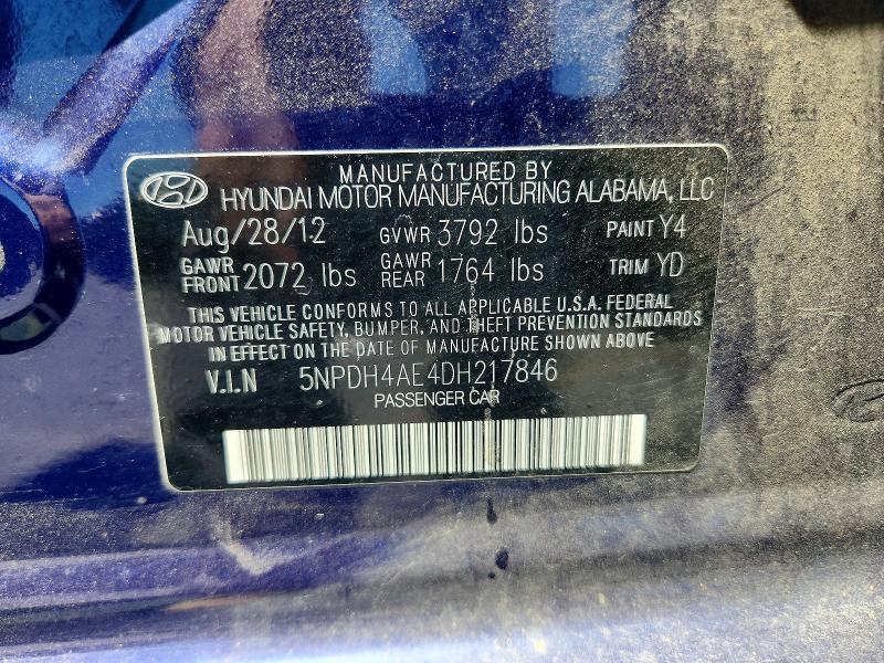 2013 Hyundai Elantra მანქანა იყიდება აუქციონზე, vin: 5NPDH4AE4DH217846, აუქციონის ნომერი: 59402406
