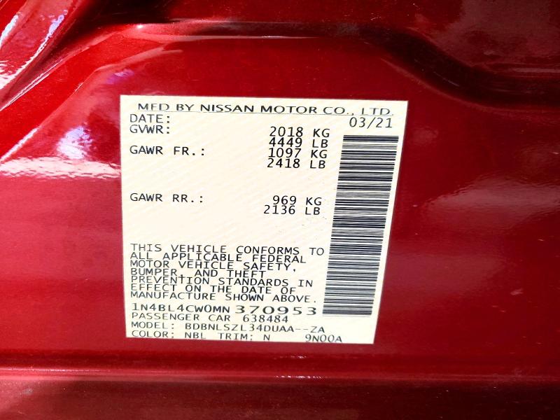Продаж на аукціоні авто 2021 Nissan Altima, vin: 1N4BL4CW0MN370953, номер лоту: 62015066