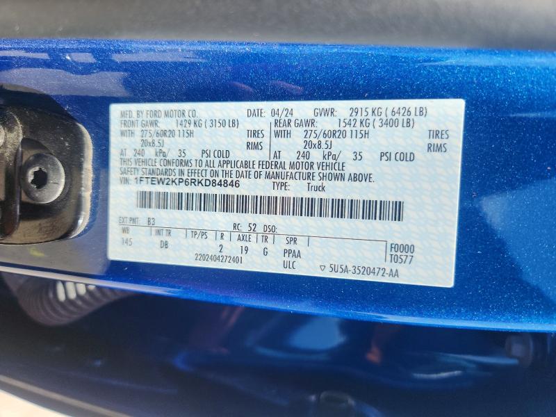 2024 Ford F150 მანქანა იყიდება აუქციონზე, vin: 1FTEW2KP6RKD84846, აუქციონის ნომერი: 63016666