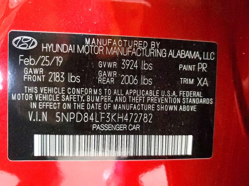 Продажа на аукционе авто 2019 Hyundai Elantra, vin: 5NPD84LF3KH472782, номер лота: 61776816