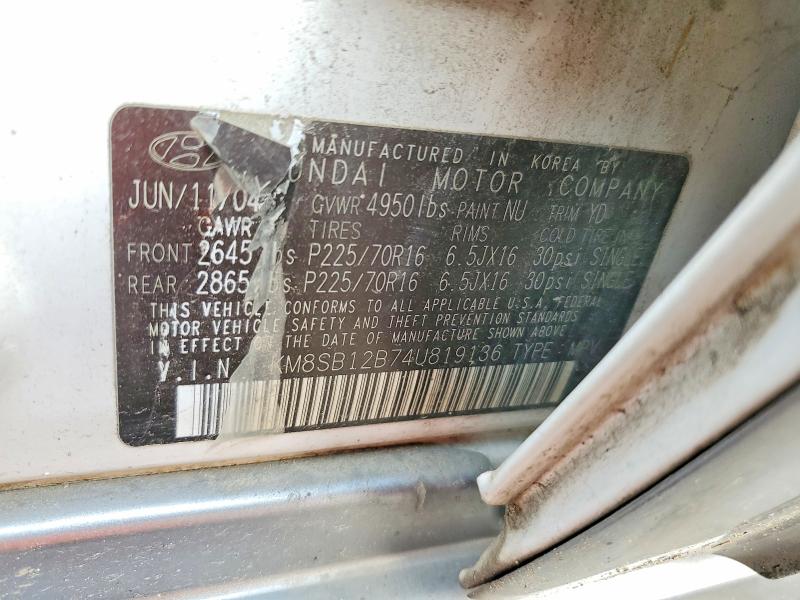 Продаж на аукціоні авто 2004 Hyundai Santa Fe, vin: KM8SB12B74U819136, номер лоту: 62840746